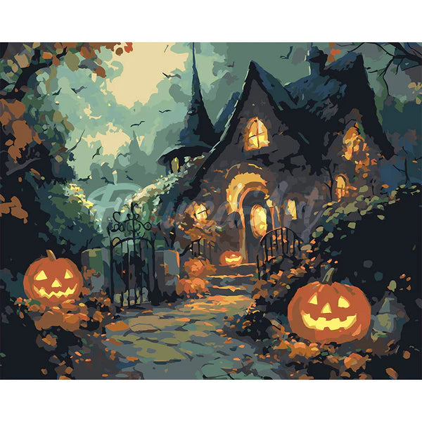 Malen nach Zahlen Motiv von numberedcanvas: Ein gruseliges, dunkles Spukhaus mit leuchtenden Fenstern und spitzen Dächern in einer Halloween-Nacht. Glühende Jack O'Lantern Kürbisse säumen den Weg, Fledermäuse fliegen am bewölkten Himmel. Malerischer Stil.
