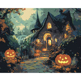 Malen nach Zahlen Motiv von numberedcanvas: Ein gruseliges, dunkles Spukhaus mit leuchtenden Fenstern und spitzen Dächern in einer Halloween-Nacht. Glühende Jack O'Lantern Kürbisse säumen den Weg, Fledermäuse fliegen am bewölkten Himmel. Malerischer Stil.
