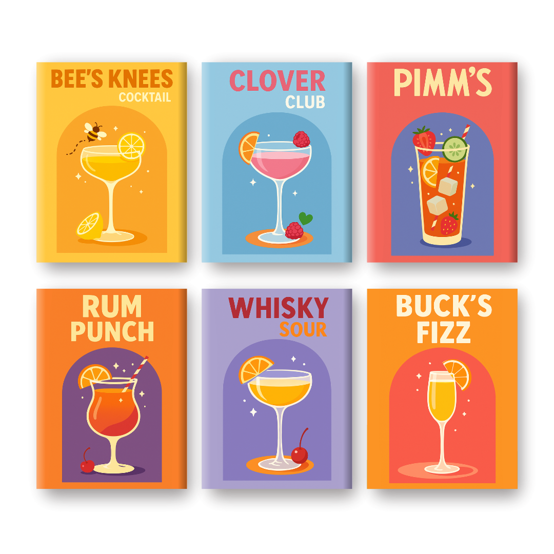 Numbered Canvas Malen nach Zahlen "Bunte Cocktail Kollektion": Sechs kleine Leinwände mit klassischen Cocktail-Motiven im Vintage-Grafikstil auf farbigen Hintergründen.