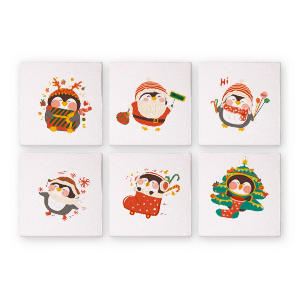 Malen nach Zahlen Set von Numbered Canvas: 6 Mini-Gemälde von niedlichen Pinguinen in verschiedenen Weihnachtskostümen und -szenen.