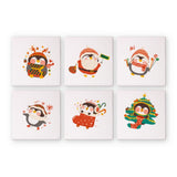 Malen nach Zahlen Set von Numbered Canvas: 6 Mini-Gemälde von niedlichen Pinguinen in verschiedenen Weihnachtskostümen und -szenen.