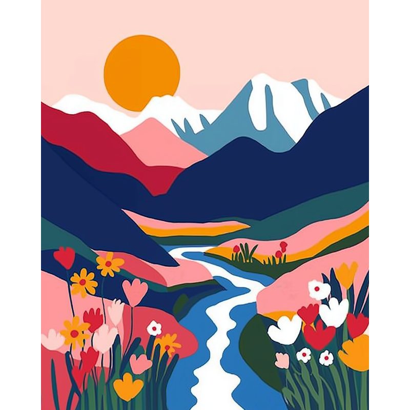 Abstrakte Landschaft für Malen nach Zahlen mit buntem Flusslauf, stilisierten Blumen und Bergen, gestaltet aus kräftigen Farbflächen im modernen Grafikstil.
