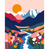 Abstrakte Landschaft für Malen nach Zahlen mit buntem Flusslauf, stilisierten Blumen und Bergen, gestaltet aus kräftigen Farbflächen im modernen Grafikstil.

