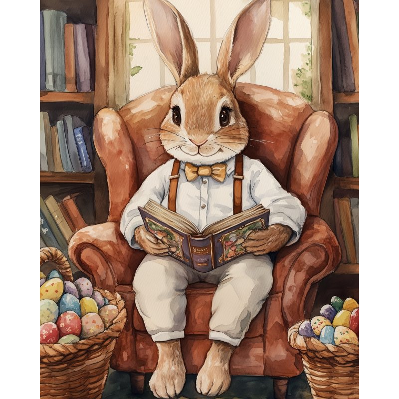 Malen nach Zahlen Motiv: Ein niedlicher, bekleideter Hase (Osterhase) mit Brille, Hemd, Hosenträgern und Fliege sitzt gemütlich in einem braunen Ledersessel und liest ein Buch. Zwei Körbe mit bunten Ostereiern stehen neben dem Sessel. Der Hintergrund deutet eine Bibliothek oder ein Studierzimmer an. Malerischer Illustrationsstil.
