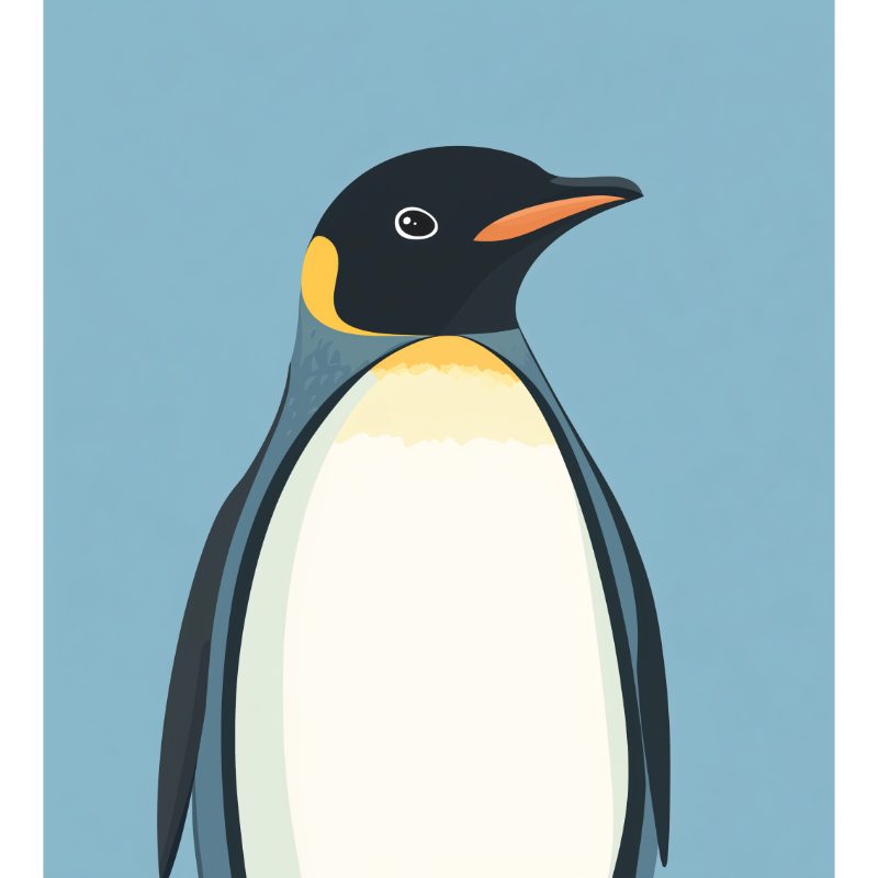 Minimalistische Pinguin-Illustration als Malen nach Zahlen Vorlage für Anfänger, mit großen Farbflächen und klaren Linien auf blauem Grund.
