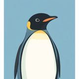 Minimalistische Pinguin-Illustration als Malen nach Zahlen Vorlage für Anfänger, mit großen Farbflächen und klaren Linien auf blauem Grund.
