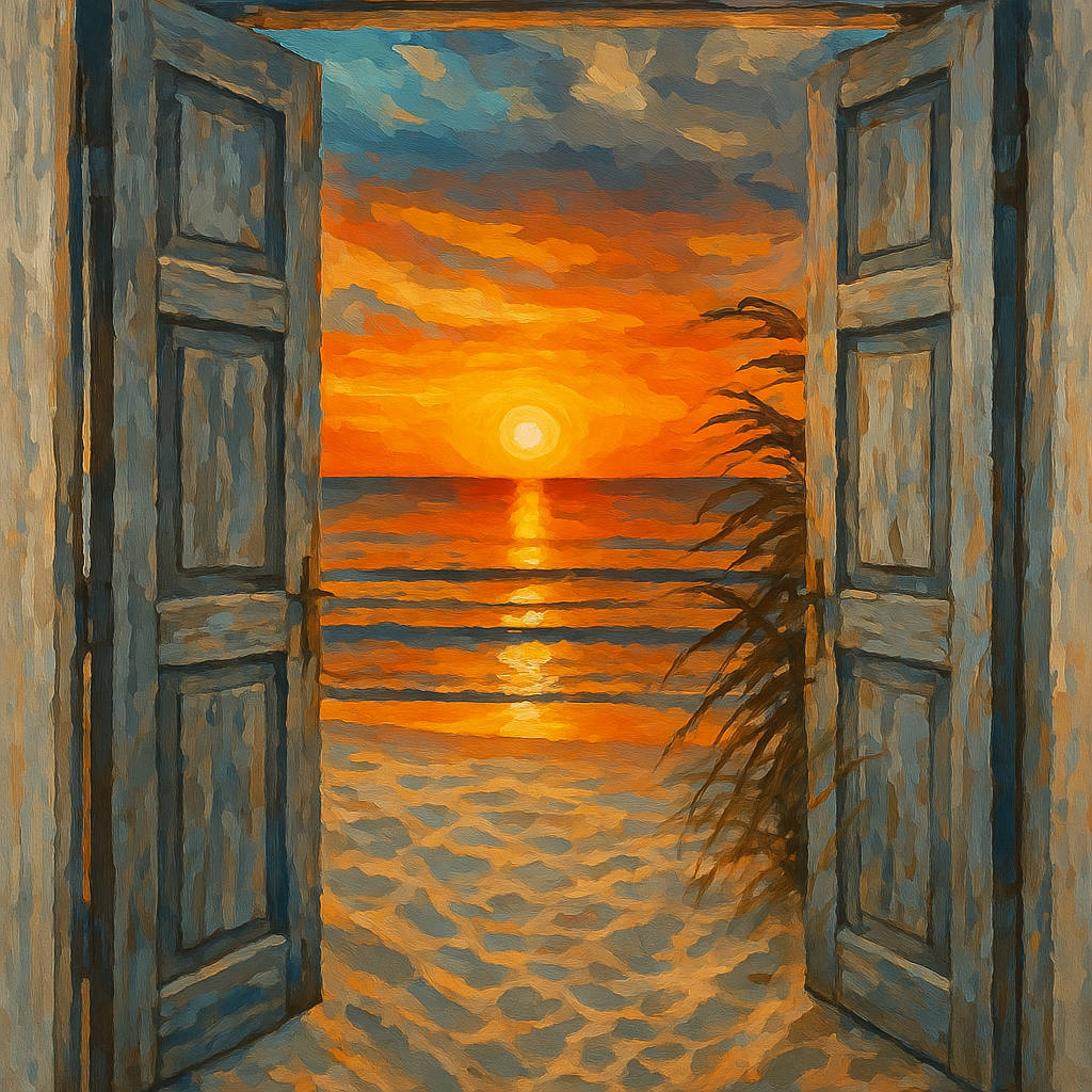 Malen nach Zahlen Set für Erwachsene: Motiv Sonnenuntergang am Meer, gesehen durch eine offene Tür. Landschaft, Strand, Romantisch, Schwierigkeit Schwer.