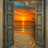 Malen nach Zahlen Set für Erwachsene: Motiv Sonnenuntergang am Meer, gesehen durch eine offene Tür. Landschaft, Strand, Romantisch, Schwierigkeit Schwer.