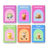 Malen nach Zahlen Set von Numbered Canvas: 6 Mini-Gemälde von modernen Café-Getränken wie Matcha Latte, Bubble Tea und Chai Latte im niedlichen Illustrationsstil.