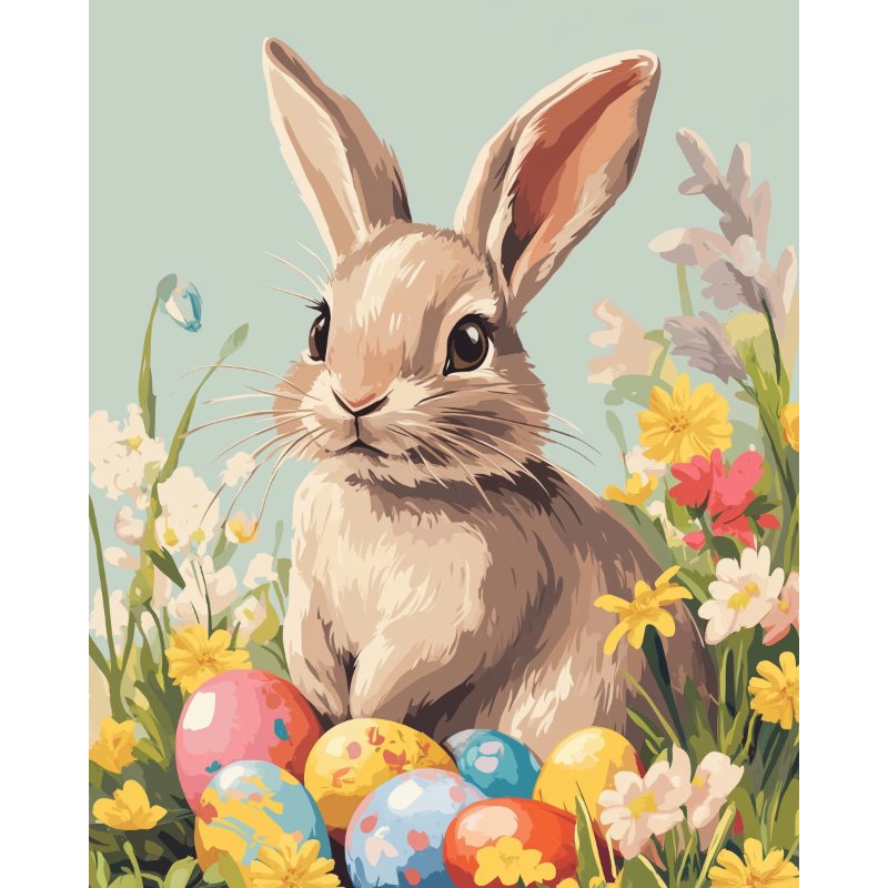 Malen nach Zahlen von Numbered Canvas: Niedlicher Hase (Kaninchen) sitzt zwischen bunten Ostereiern auf einer Frühlingsblumenwiese.