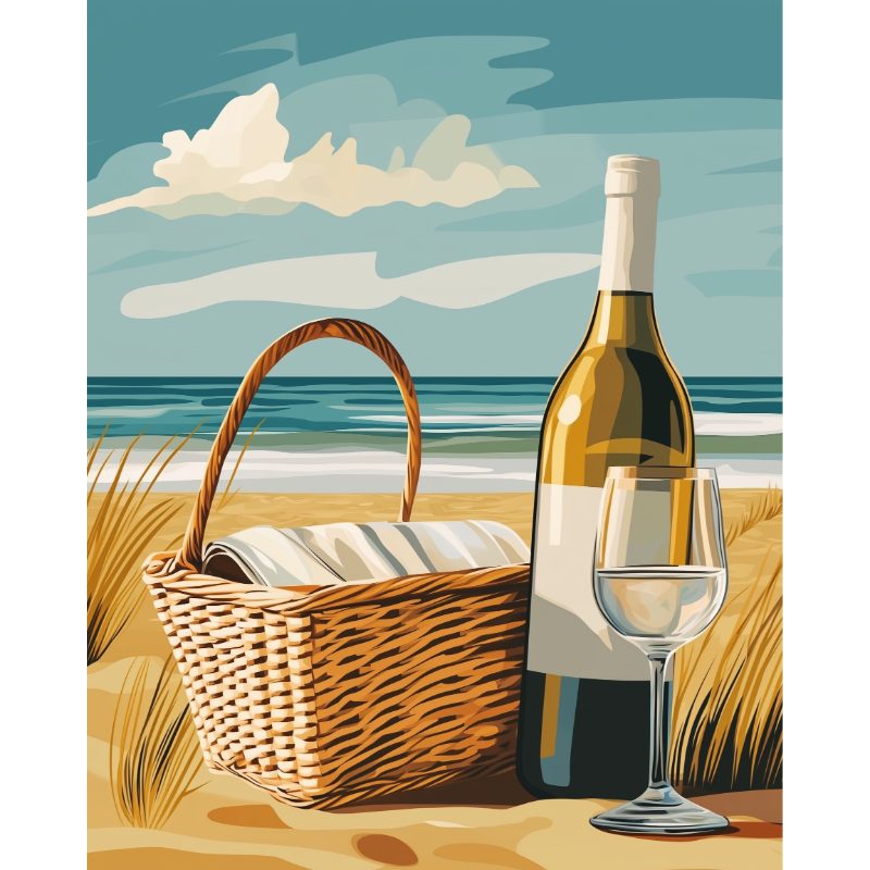 Malen nach Zahlen von Numbered Canvas: Picknickkorb, Weinflasche und Weinglas am Sandstrand mit Meer im Hintergrund.