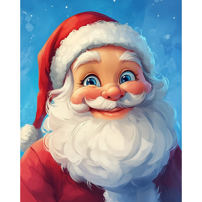 Numbered Canvas Malen nach Zahlen: Detailreiches Porträt des Weihnachtsmanns (Santa Claus) mit Rauschebart vor blauem Hintergrund.
