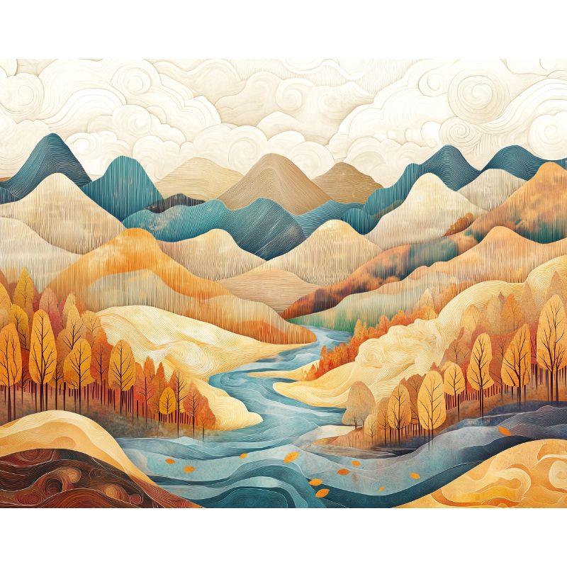 Numbered Canvas Malen nach Zahlen: Stilisierte, farbenfrohe Landschaftsmalerei eines Herbsttals mit Fluss und Bergen.