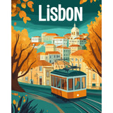 Numbered Canvas Malen nach Zahlen: Vintage-Darstellung von Lissabon im Herbst mit der ikonischen gelben Tram vor einer Stadtsilhouette.